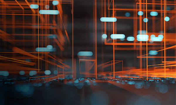 A stylized digital city with bright orange lights and blue lines