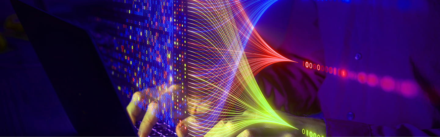 Millions of data bits flowing through lazer light beams on screen