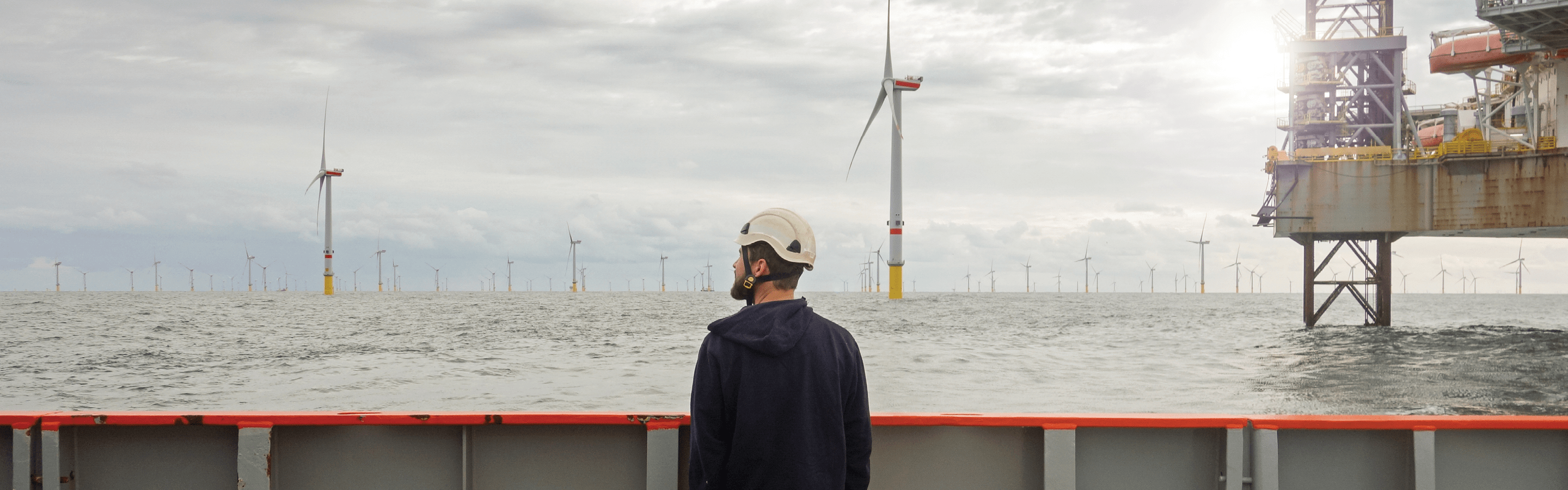 Man looking at wind farms