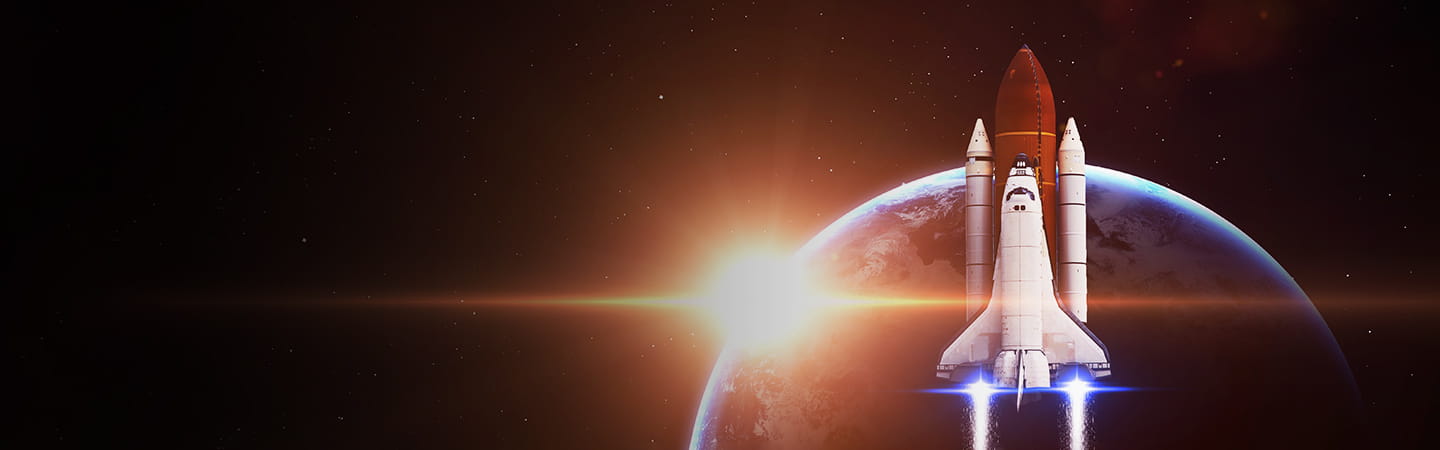 A space shuttle launching into space with Earth and a bright sun in the background.