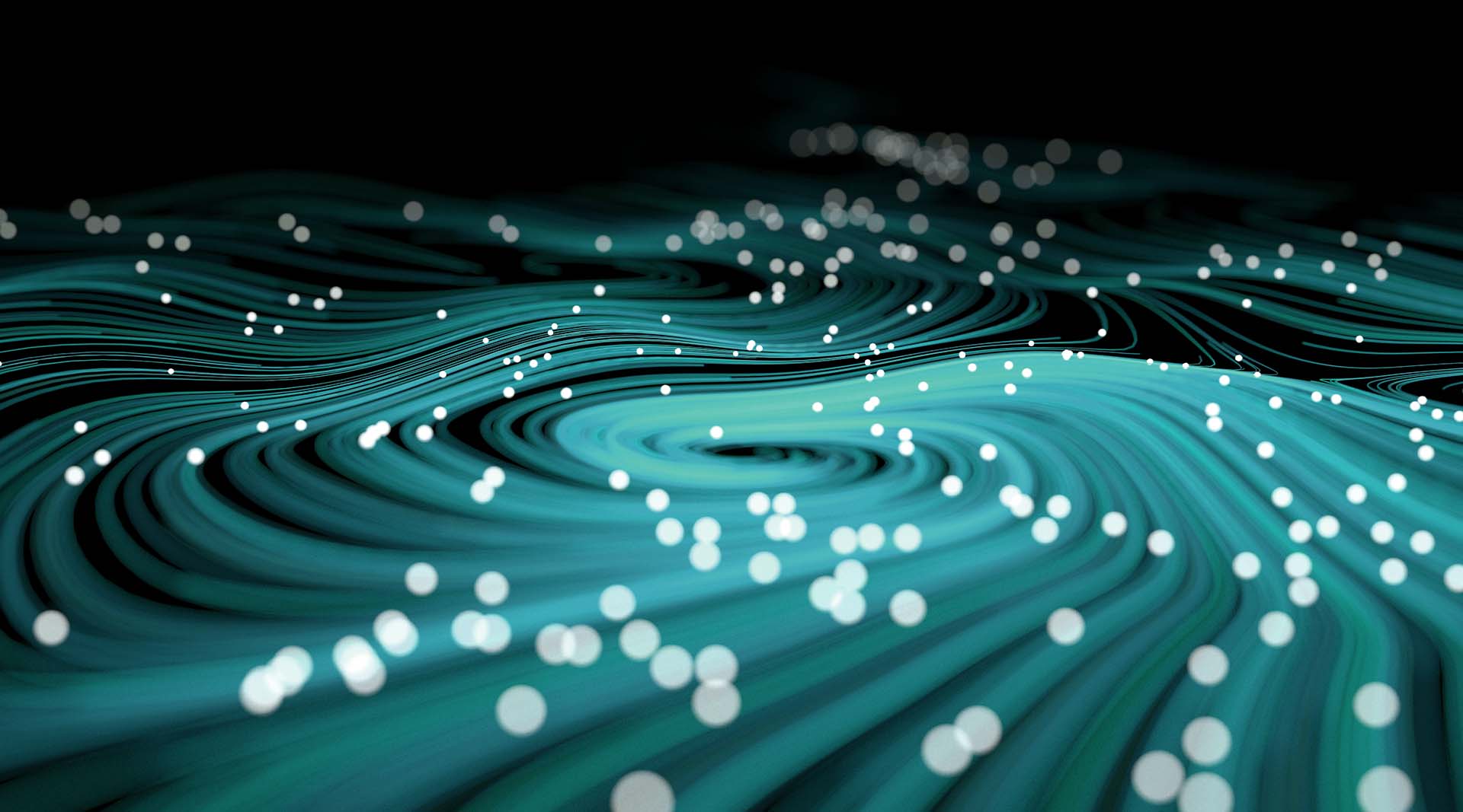 Abstract swirling teal light streams with glowing particles against a dark background.