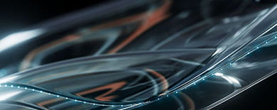 Abstract dark render of sweeping translucent glass-like ribbons with teal and copper highlights.