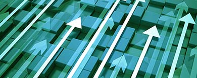 Abstract 3D graphic of glowing teal upward-pointing arrows over a geometric block surface.