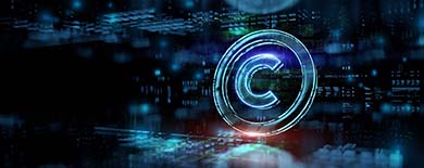 Glowing 3D copyright symbol with holographic rings and digital elements on a dark blue futuristic background