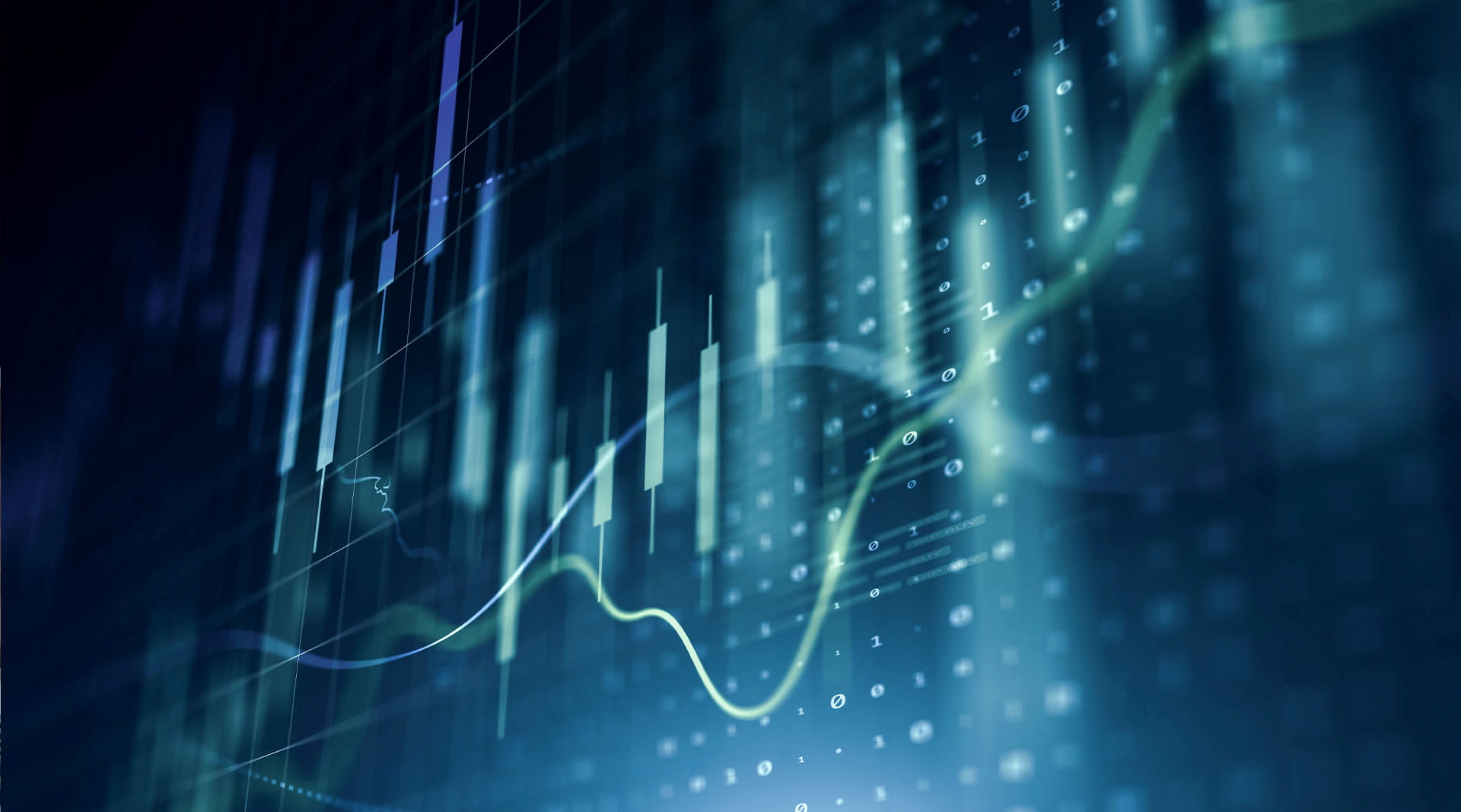 Digital capital markets trading display with candlestick charts, trend lines, and binary data on a dark blue background.