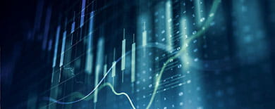 Digital capital markets trading display with candlestick charts, trend lines, and binary data on a dark blue background.