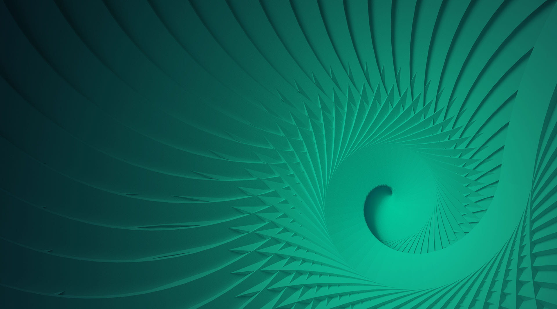 Abstract teal spiral vortex with glowing cyan centre and sculpted blade-like forms on dark background