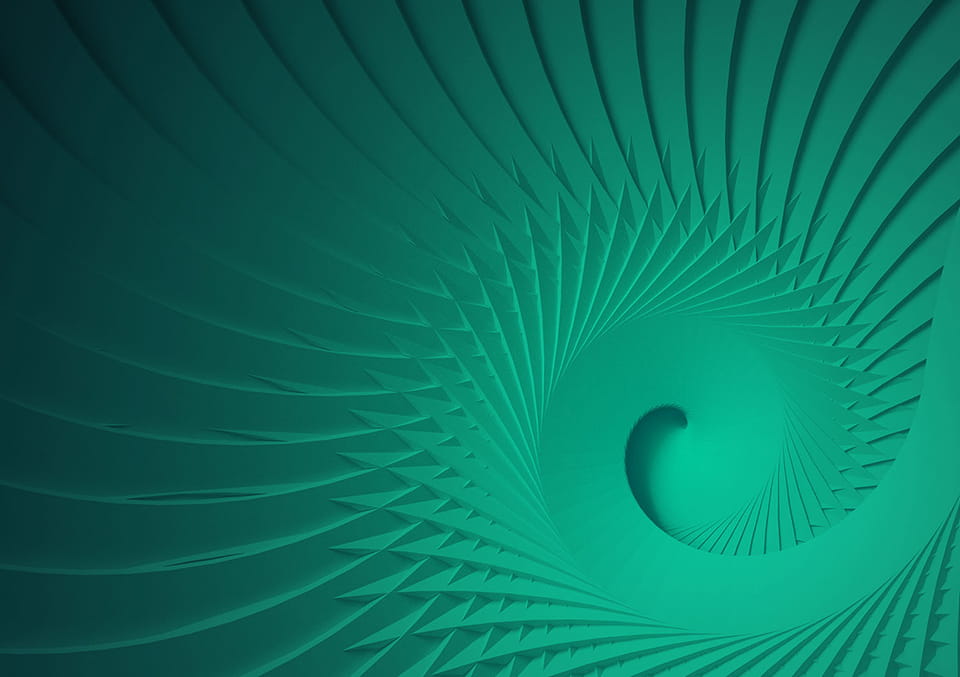 Abstract teal spiral vortex with glowing cyan centre and sculpted blade-like forms on dark background