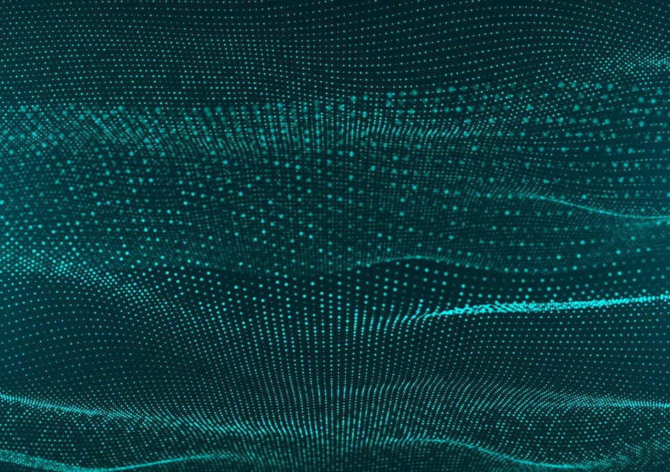 Abstract teal digital particle wave with glowing cyan dots forming a 3D landscape against a dark background