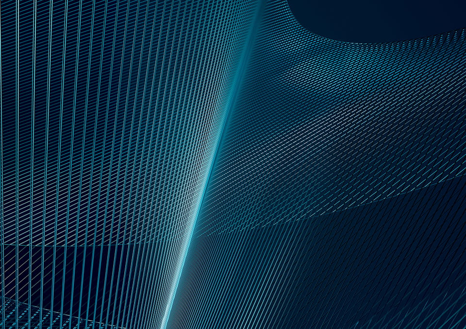 Abstract dark blue and teal wireframe mesh with flowing geometric lines suggesting technology and innovation