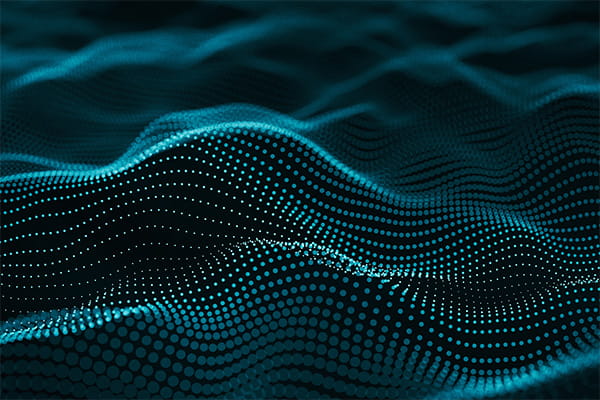 Abstract 3D digital landscape of glowing cyan particles forming waves against a dark background used in the Rack Report Q2