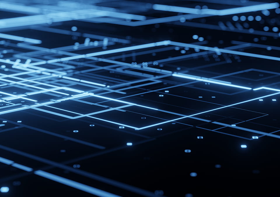 Abstract close-up of a glowing blue digital circuit board grid on a dark background.