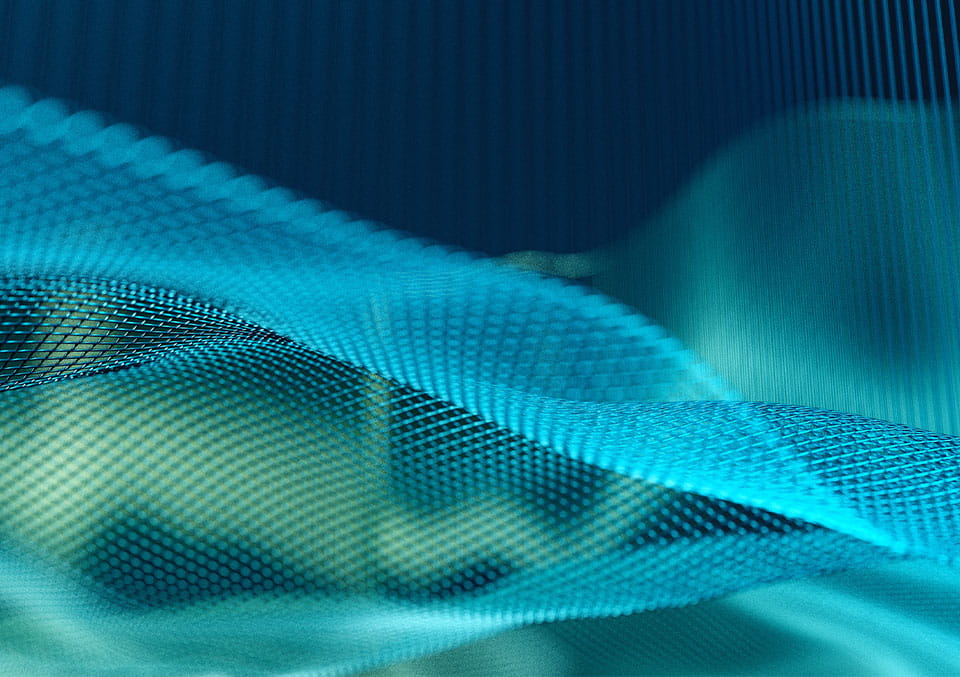 Blue and teal 3D digital wave with mesh network texture