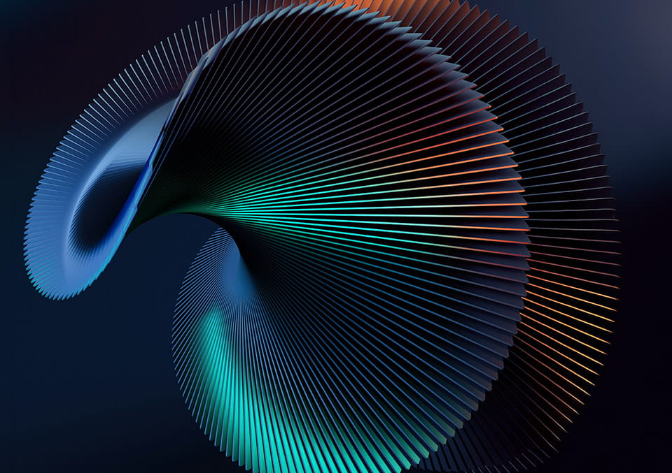 Abstract 3D spiral of blue, teal, orange and copper blades on a dark navy background.