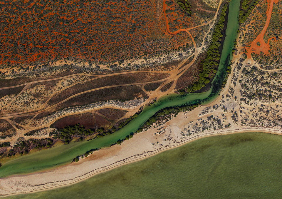 Aerial view of a green tidal channel winding through red outback country and mangroves to a sandy beach and the sea.