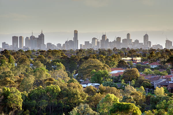Melbourne city skyline seen from leafy suburban hills with eucalyptus canopy and rooftops in the foreground