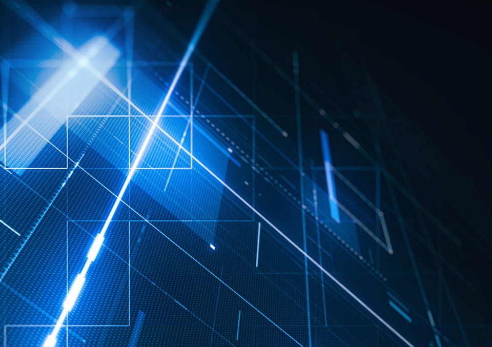 Abstract navy-blue digital tech banner with glowing wireframe grids and light beams, symbolizing legal managed services