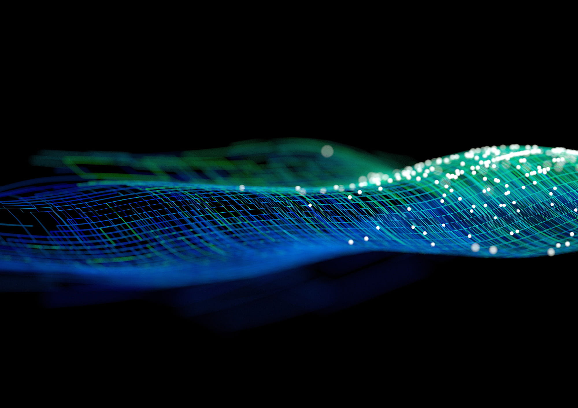 Abstract flowing wave of blue, teal, and green light particles and grid lines on a black background, symbolizing digital data flow and technology innovation