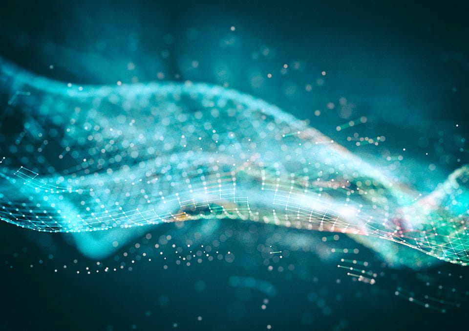 Abstract digital wave visualisation with glowing cyan and teal light particles on a dark background, representing digital data flow and connectivity.