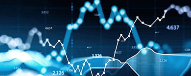 Stylized digital illustration of glowing blue financial charts and data points on a dark background