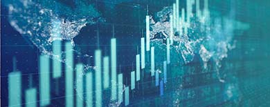 Digital illustration of a candlestick chart overlaid on a glowing world map in dark blue and teal tones