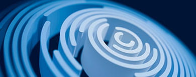 Three-dimensional rendering of a copyright symbol surrounded by concentric rings on a dark navy background