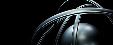Chrome sphere with orbiting metallic rings on black background for Ashurst Perkins Coie Enhancing Operational Resilience