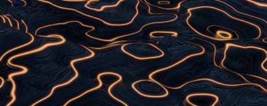 Glowing orange topographic contour lines on dark navy surface for Ashurst Perkins Coie OMS solution