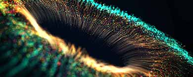 Abstract vortex of cyan and gold particles flowing into central void for Ashurst Perkins Coie XB Advisor solution