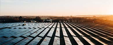 Aerial view of a vast solar panel farm stretching to the horizon under a golden sunrise sky.