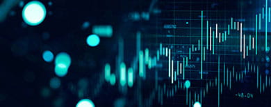 Stylized digital stock market display with glowing cyan candlestick chart on a dark blue background.