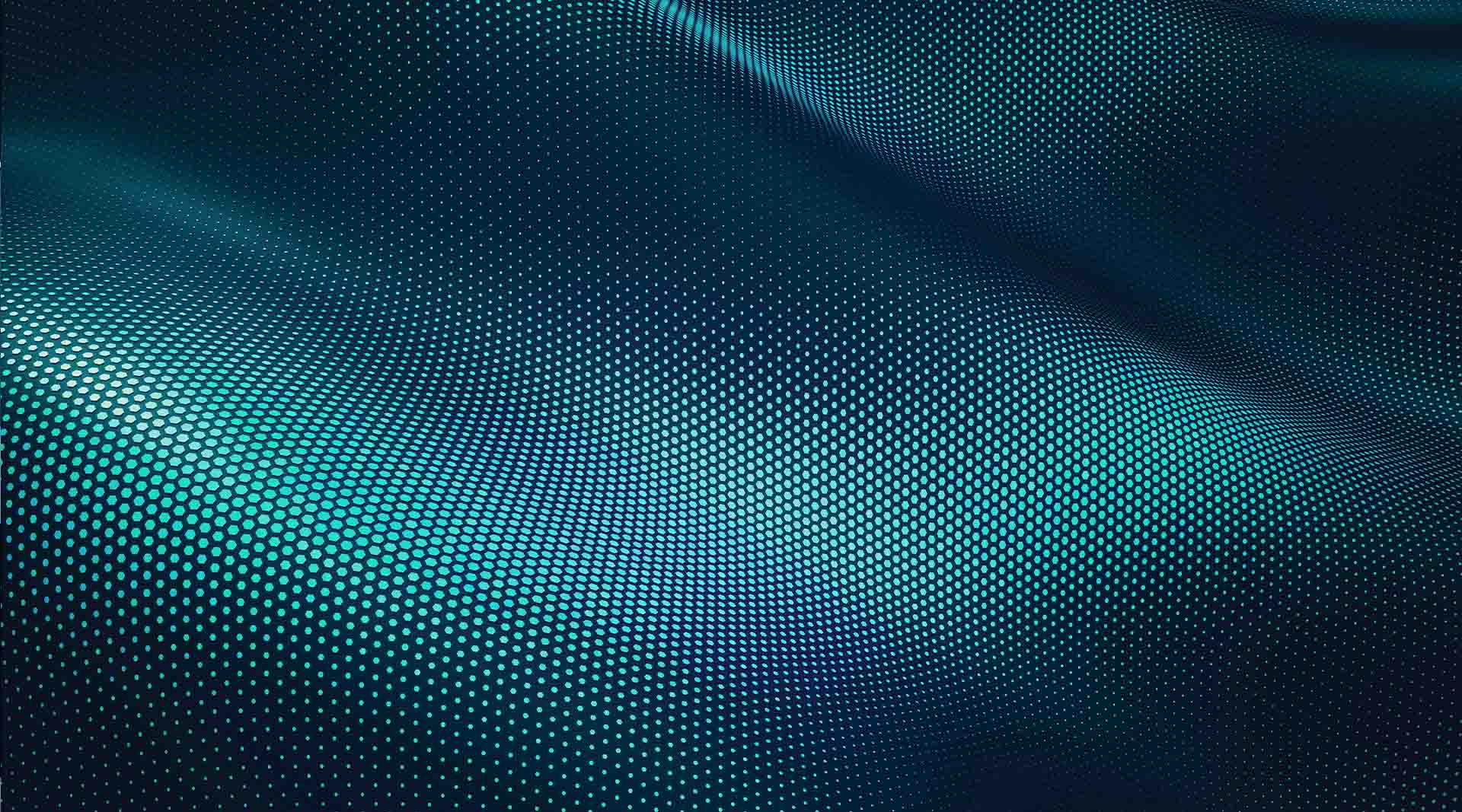 Abstract digital wave surface with glowing dot matrix pattern in teal and dark blue tones.