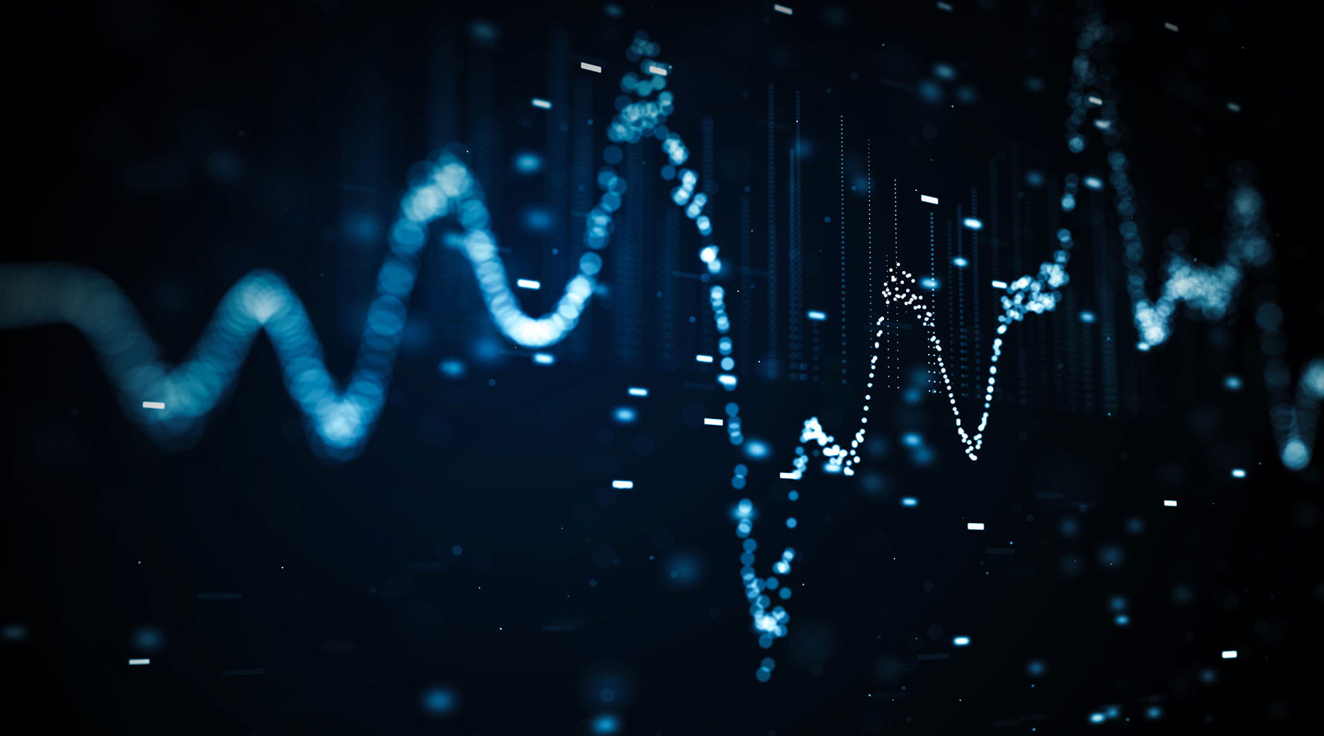 Abstract glowing blue particle waveform resembling a financial data line on a dark navy background.