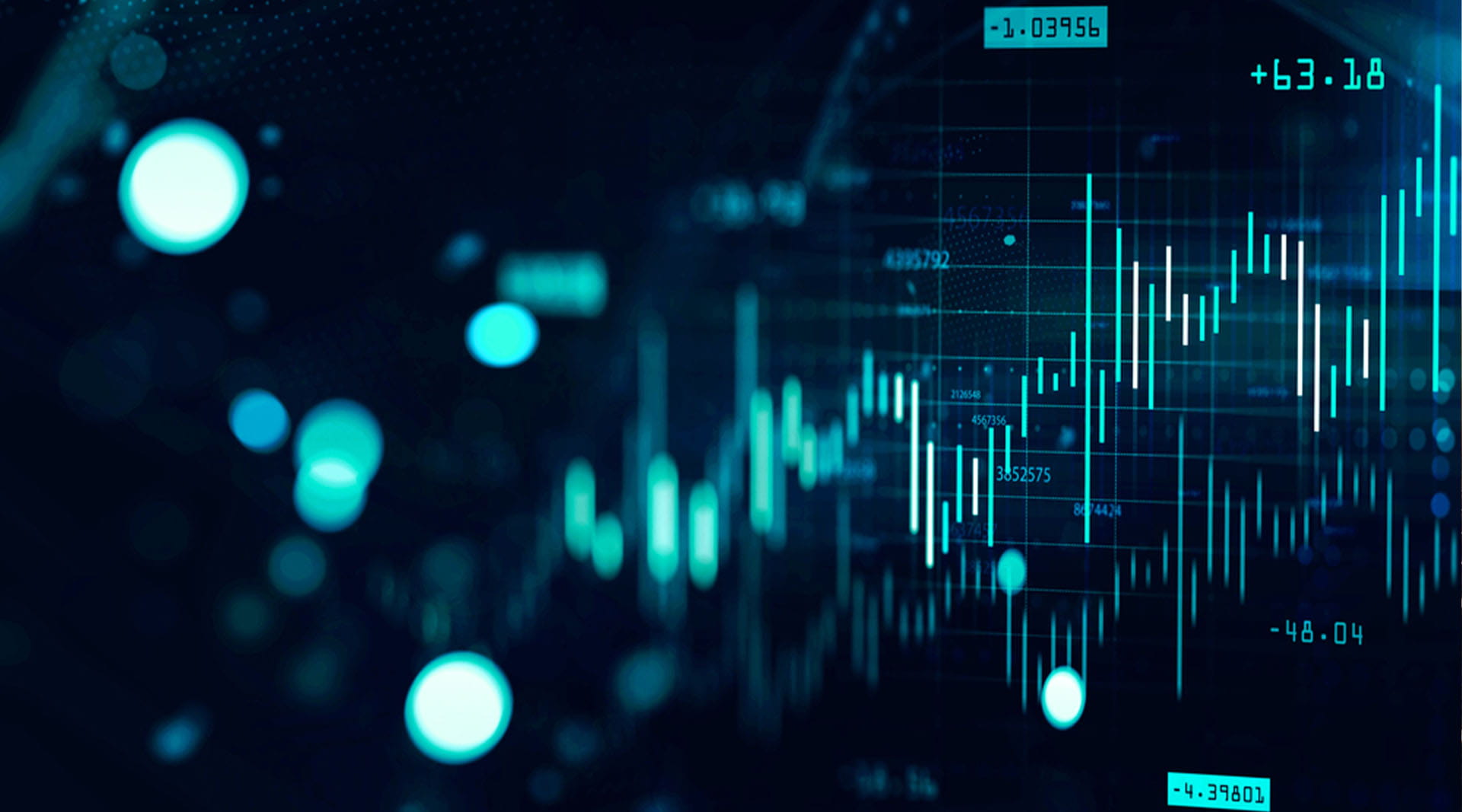 Stylized digital stock market display with glowing cyan candlestick chart on a dark blue background.
